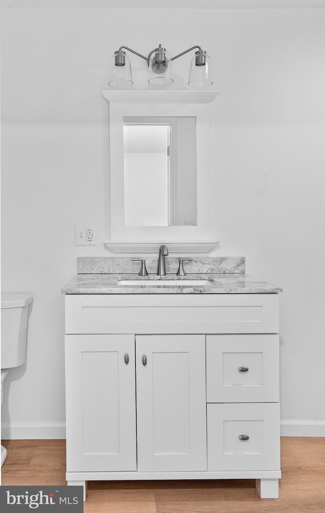 26959 Branchtown Rd, Worton, MD 21678 - bathroom featuring vanity, toilet, baseboards, and wood finished floors