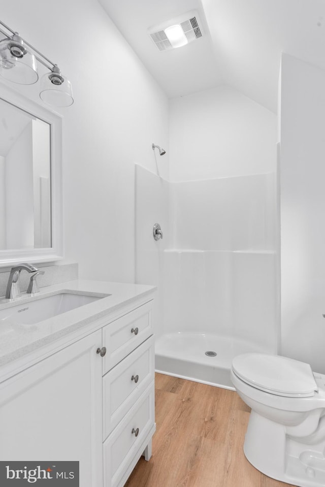 26959 Branchtown Rd, Worton, MD 21678 - bathroom with wood finished floors, toilet, vanity, a shower, and lofted ceiling