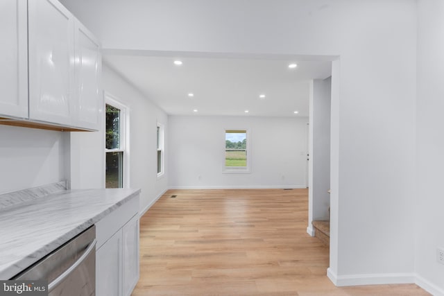 26959 Branchtown Rd, Worton, MD 21678 - kitchen with dishwasher, recessed lighting, white cabinets, light wood-type flooring, and plenty of natural light
