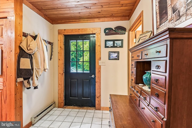 4441 Solomons Island Rd, Harwood, MD 20776 - entrance foyer featuring a baseboard heating unit, wood ceiling, and light tile patterned floors