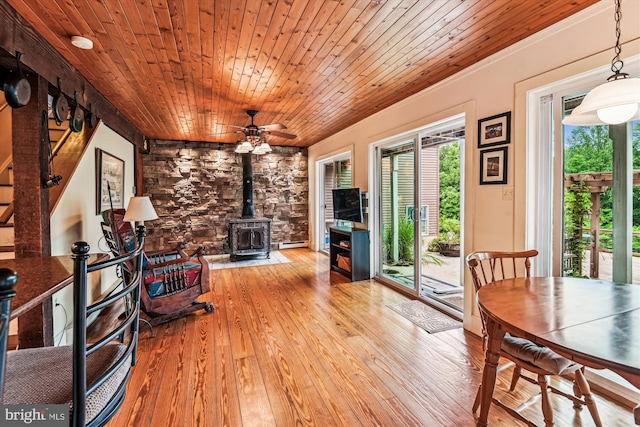 4441 Solomons Island Rd, Harwood, MD 20776 - sitting room featuring a wood stove, wood-type flooring, wooden ceiling, a ceiling fan, and a baseboard heating unit