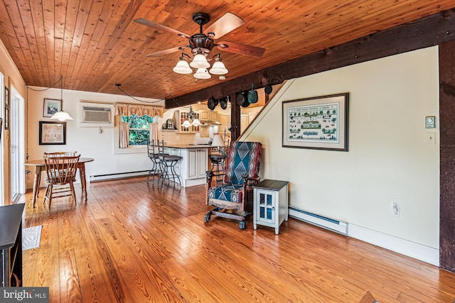 4441 Solomons Island Rd, Harwood, MD 20776 - living area with a baseboard heating unit, ceiling fan, wood-type flooring, wooden ceiling, and a wall mounted AC