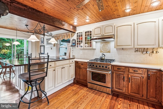 4441 Solomons Island Rd, Harwood, MD 20776 - kitchen with high end stainless steel range, a peninsula, light wood-style floors, a wood ceiling with exposed beams, and decorative backsplash