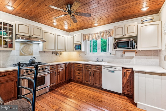 4441 Solomons Island Rd, Harwood, MD 20776 - kitchen with stainless steel appliances, under cabinet range hood, wood ceiling, ceiling fan, and light wood-type flooring