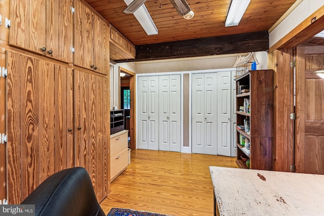4441 Solomons Island Rd, Harwood, MD 20776 - bedroom featuring light wood-style flooring, two closets, a ceiling fan, and a wooden ceiling with exposed beams