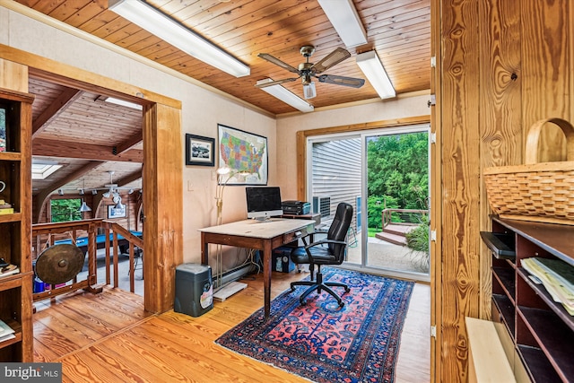 4441 Solomons Island Rd, Harwood, MD 20776 - office area featuring a wooden ceiling with exposed beams, a ceiling fan, wood finished floors, and a skylight