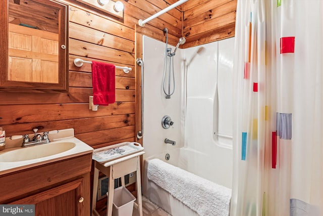 4441 Solomons Island Rd, Harwood, MD 20776 - bathroom with vanity, shower / bathtub combination with curtain, and wood walls