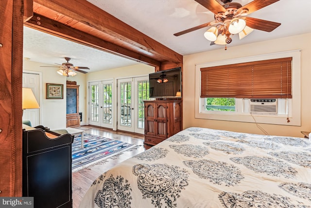 4441 Solomons Island Rd, Harwood, MD 20776 - bedroom with access to exterior, wood finished floors, beamed ceiling, a ceiling fan, and cooling unit