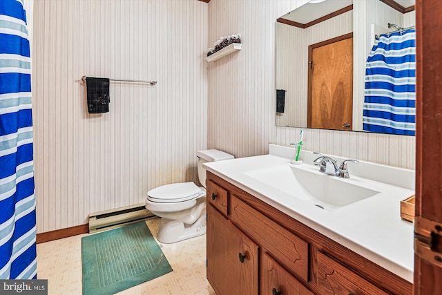 4441 Solomons Island Rd, Harwood, MD 20776 - bathroom with baseboard heating, vanity, wallpapered walls, and curtained shower