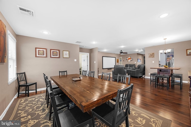 17 Concord Rd, Marlton, NJ 08053 - dining space featuring ceiling fan, dark wood finished floors, a chandelier, baseboards, and recessed lighting