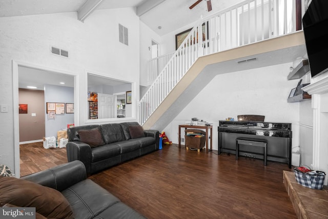 17 Concord Rd, Marlton, NJ 08053 - living area with wood finished floors, beamed ceiling, high vaulted ceiling, and stairs