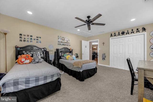 17 Concord Rd, Marlton, NJ 08053 - bedroom with attic access, carpet, recessed lighting, a closet, and ceiling fan