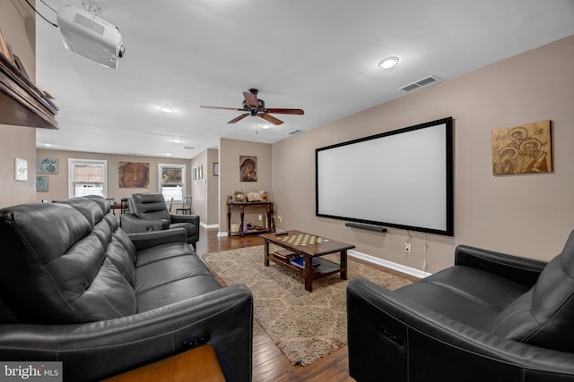 17 Concord Rd, Marlton, NJ 08053 - home theater with a ceiling fan, dark wood-style floors, recessed lighting, and baseboards