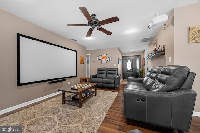 17 Concord Rd, Marlton, NJ 08053 - cinema room with dark wood-style flooring, a ceiling fan, and baseboards