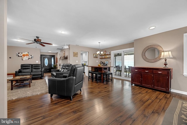 17 Concord Rd, Marlton, NJ 08053 - living area with dark wood-type flooring, a chandelier, recessed lighting, ceiling fan, and baseboards