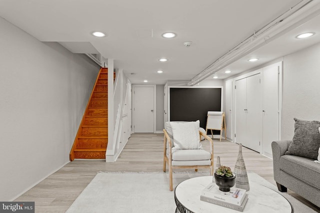 303 Conway Ave, Narberth, PA 19072 - living room featuring stairs, recessed lighting, light wood finished floors, and baseboards