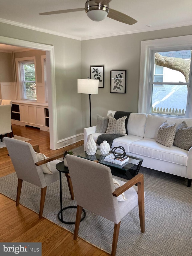 303 Conway Ave, Narberth, PA 19072 - living room featuring ornamental molding, ceiling fan, and wood finished floors