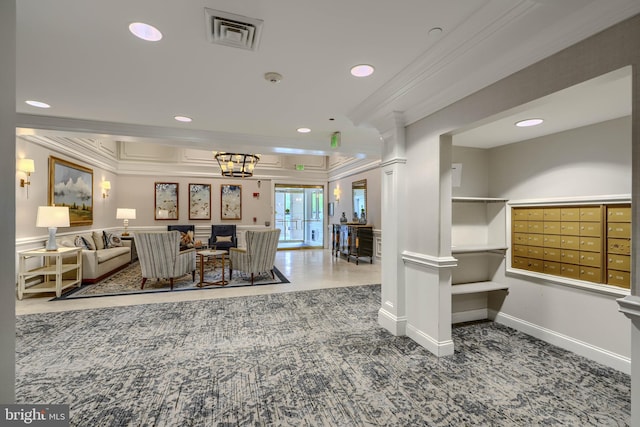 12251 Roundwood Rd Unit 301, Lutherville Timonium, MD 21093 - living room with crown molding, recessed lighting, and carpet flooring