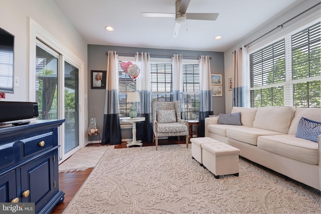 2703 Brownlee Ct, Lanham, MD 20706 - living room featuring plenty of natural light, wood finished floors, a ceiling fan, and recessed lighting