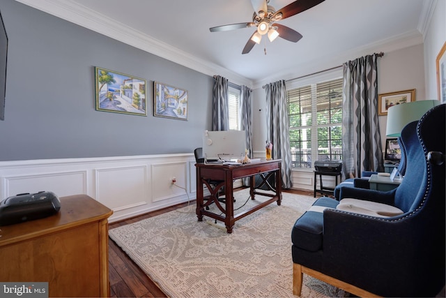 2703 Brownlee Ct, Lanham, MD 20706 - office space with crown molding, ceiling fan, wood finished floors, and wainscoting