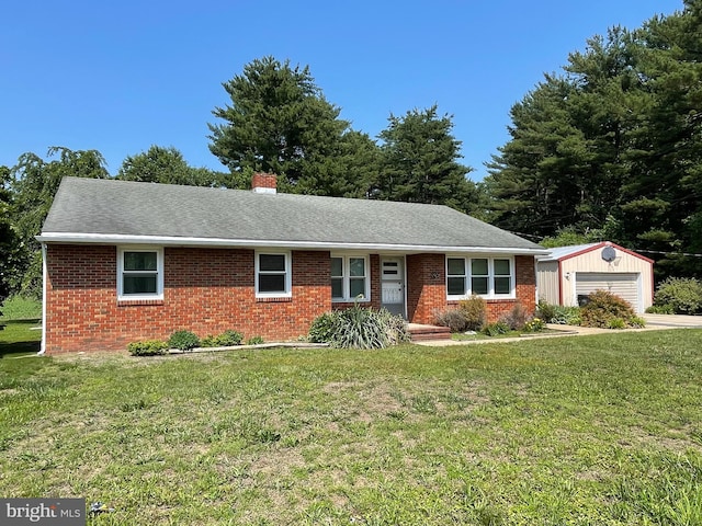 606 Quinton Marlboro Rd, Salem, NJ 08079 - single story home featuring brick siding, an outbuilding, a front yard, a chimney, and a garage
