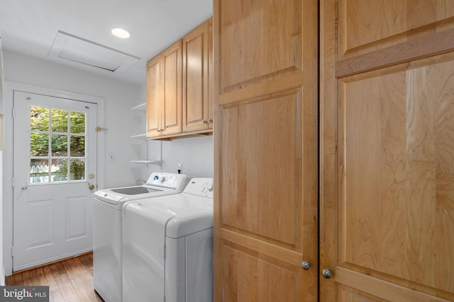 4920 Sunset Ln, Annandale, VA 22003 - laundry area featuring washing machine and clothes dryer, cabinet space, attic access, light wood finished floors, and recessed lighting