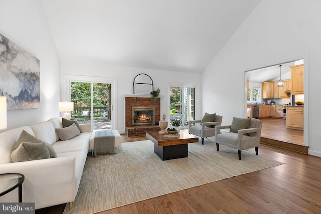 4920 Sunset Ln, Annandale, VA 22003 - living area with high vaulted ceiling, plenty of natural light, wood finished floors, and a fireplace