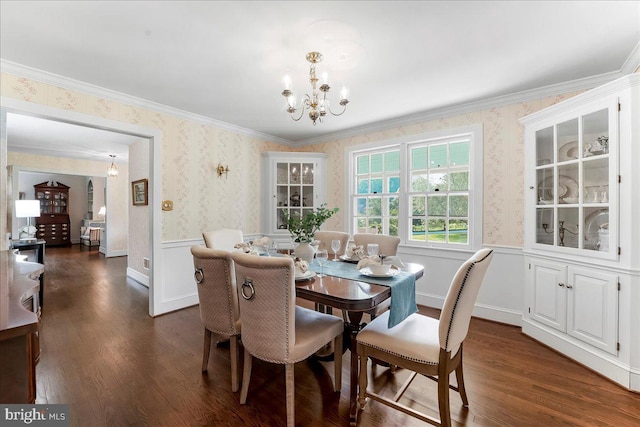 1771 Hunters Cir, West Chester, PA 19380 - dining space featuring a chandelier, wallpapered walls, dark wood-style floors, wainscoting, and ornamental molding