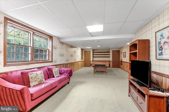 1771 Hunters Cir, West Chester, PA 19380 - living area featuring wallpapered walls, wainscoting, light colored carpet, wooden walls, and a paneled ceiling