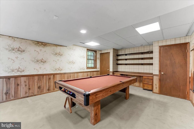 1771 Hunters Cir, West Chester, PA 19380 - recreation room featuring wallpapered walls, a wainscoted wall, light carpet, and billiards table