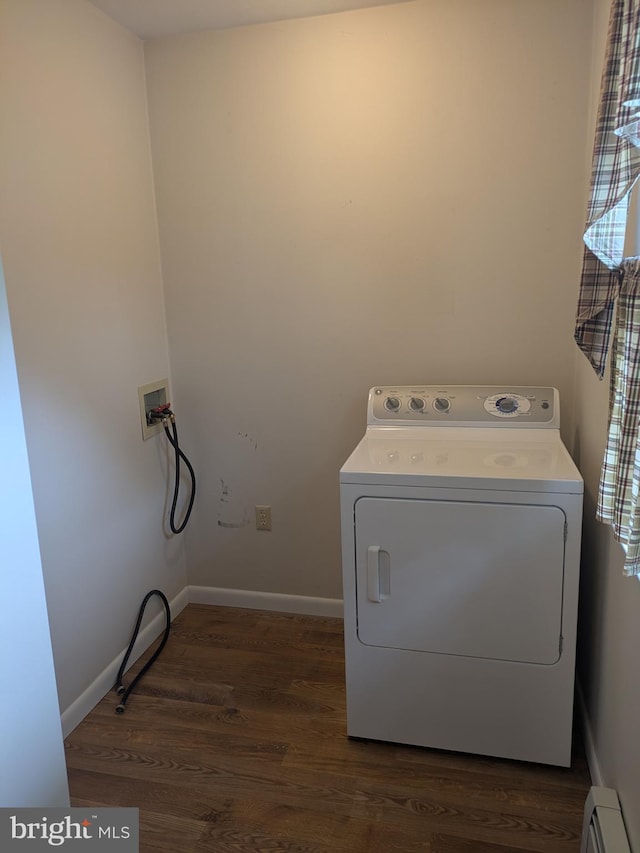 3339 Bruun Ave, Vineland, NJ 08360 - laundry room with washer / dryer, dark wood finished floors, and baseboard heating