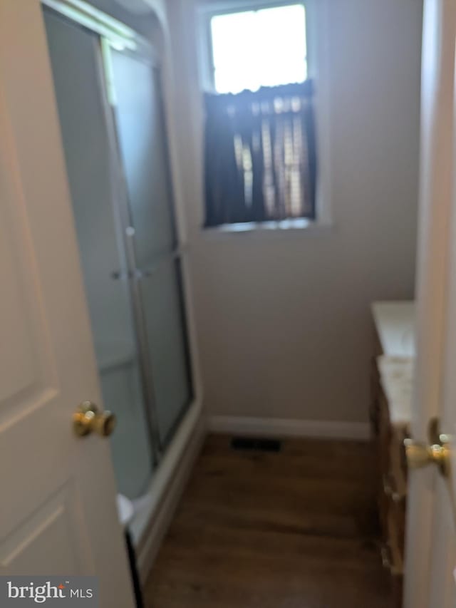 3339 Bruun Ave, Vineland, NJ 08360 - bathroom featuring a shower stall, vanity, and wood finished floors