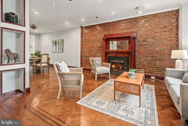 1360 Perry Pl NW, Washington, DC 20010 - living room with a fireplace, ornamental molding, brick wall, recessed lighting, and baseboards