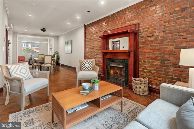 1360 Perry Pl NW, Washington, DC 20010 - living area with baseboards, a lit fireplace, crown molding, recessed lighting, and brick wall