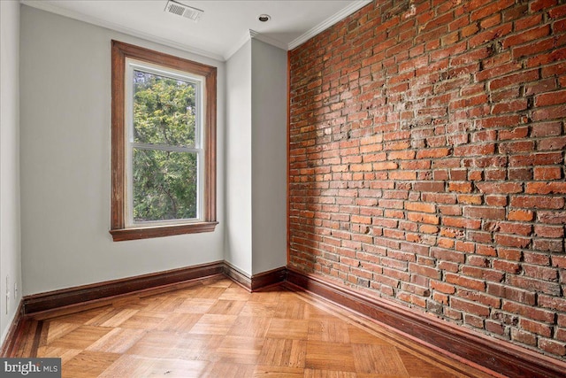 1360 Perry Pl NW, Washington, DC 20010 - spare room featuring brick wall, baseboards, and crown molding