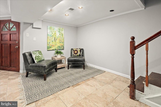 1360 Perry Pl NW, Washington, DC 20010 - sitting room with ornamental molding, baseboards, recessed lighting, and stairs