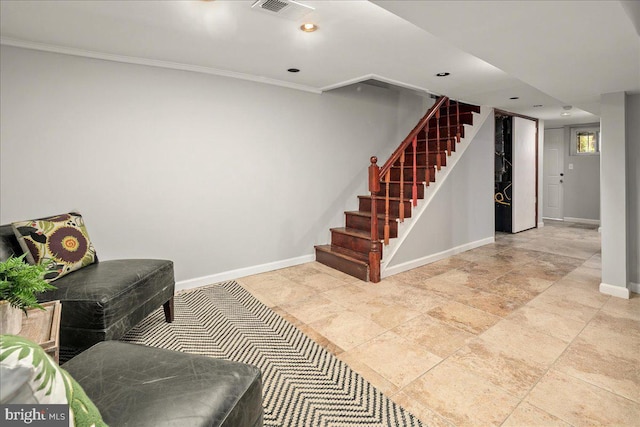 1360 Perry Pl NW, Washington, DC 20010 - basement with stairway, ornamental molding, baseboards, and recessed lighting