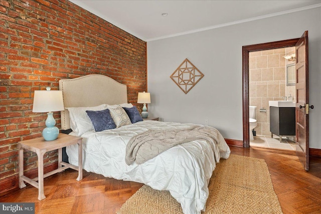 1360 Perry Pl NW, Washington, DC 20010 - bedroom featuring crown molding, baseboards, brick wall, and ensuite bath
