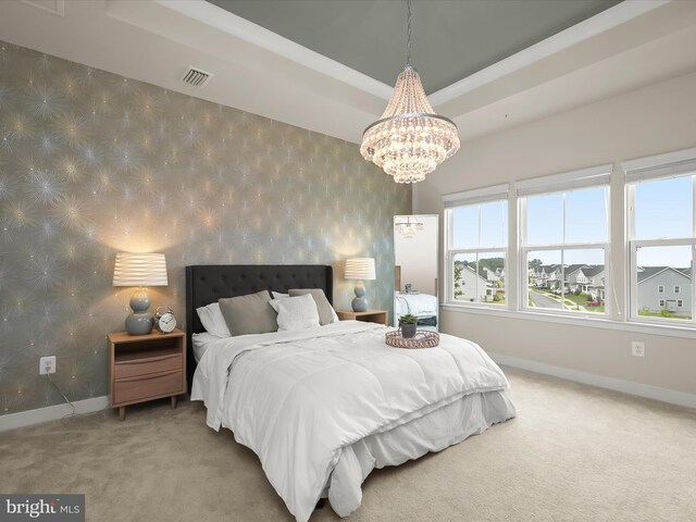 7330 Isabella Rd, Laurel, MD 20723 - carpeted bedroom with wallpapered walls, a chandelier, and a tray ceiling
