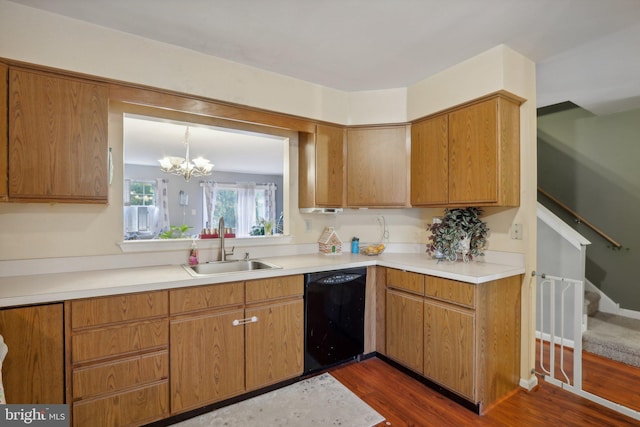 226 Troon Ct, Royersford, PA 19468 - kitchen with black dishwasher, dark wood-style flooring, a chandelier, and light countertops