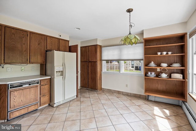 1101 Cherry Ln, Cinnaminson, NJ 08077 - kitchen featuring white refrigerator with ice dispenser, baseboard heating, dishwashing machine, light countertops, and open shelves