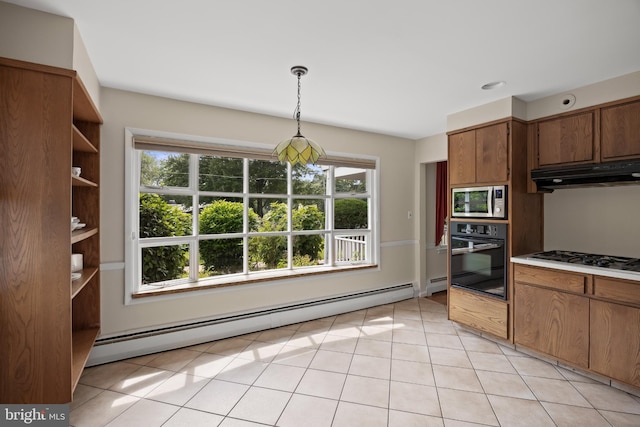 1101 Cherry Ln, Cinnaminson, NJ 08077 - kitchen featuring oven, under cabinet range hood, baseboard heating, gas stovetop, and stainless steel microwave