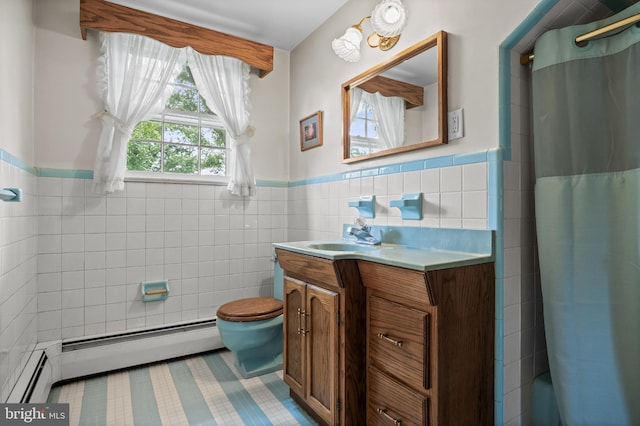 1101 Cherry Ln, Cinnaminson, NJ 08077 - full bath featuring tile walls, baseboard heating, a wainscoted wall, vanity, and toilet