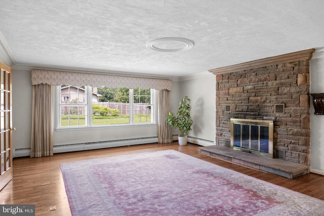 1101 Cherry Ln, Cinnaminson, NJ 08077 - unfurnished living room featuring ornamental molding, a textured ceiling, wood finished floors, a fireplace, and a baseboard heating unit