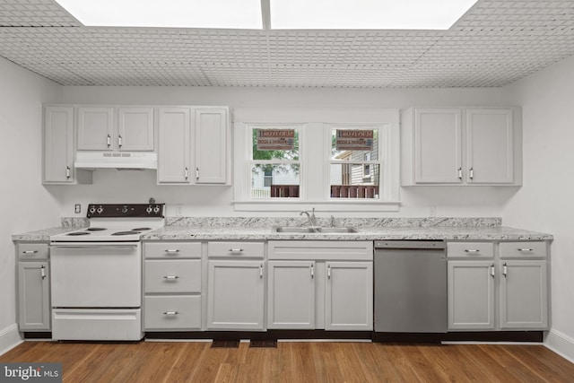 143 N 2nd St, Mount Wolf, PA 17347 - kitchen with dishwasher, white electric range, under cabinet range hood, wood finished floors, and a sink