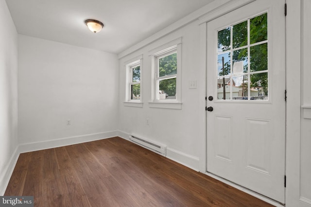 143 N 2nd St, Mount Wolf, PA 17347 - doorway to outside with baseboard heating, dark wood finished floors, and baseboards