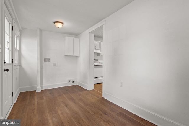 143 N 2nd St, Mount Wolf, PA 17347 - washroom featuring electric dryer hookup, washer hookup, dark wood-style flooring, and baseboards