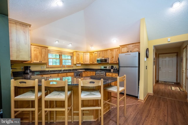 793 Mountainview Dr, Oakland, MD 21550 - kitchen featuring stainless steel appliances, a peninsula, dark wood-type flooring, a kitchen breakfast bar, and recessed lighting