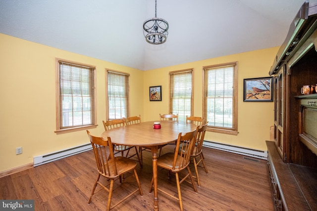 793 Mountainview Dr, Oakland, MD 21550 - dining area featuring baseboard heating, vaulted ceiling, wood finished floors, and a chandelier