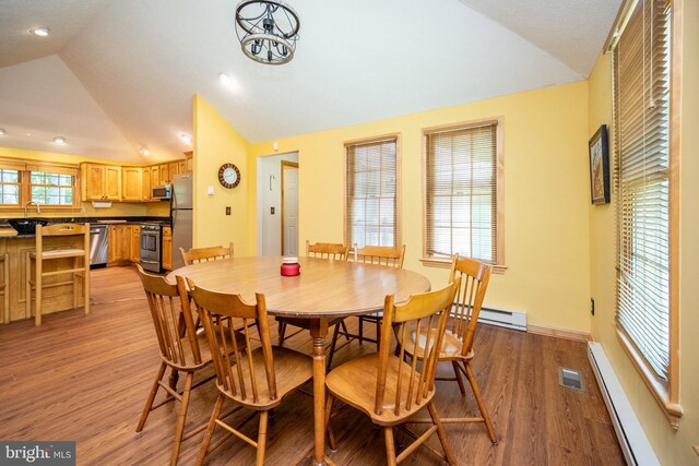793 Mountainview Dr, Oakland, MD 21550 - dining space featuring lofted ceiling, a baseboard radiator, light wood finished floors, and recessed lighting
